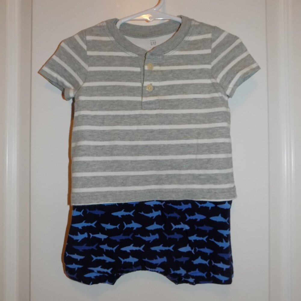 BABY GAP Boys 6-12 Months Gray Stripe Henley Blue Sharks Shorts Romper One Piece